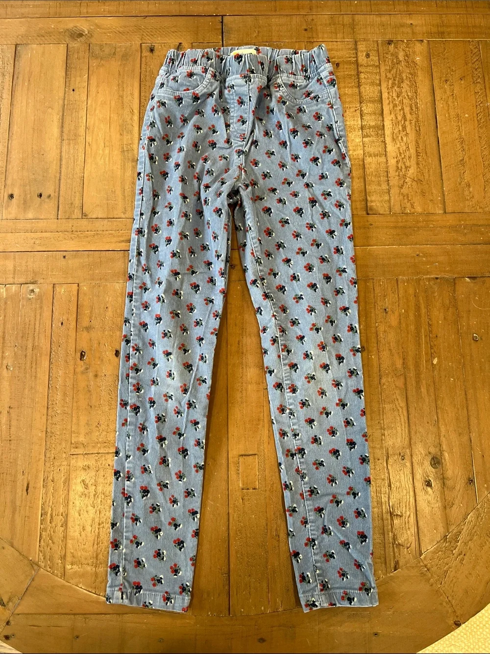 Mini Boden blue floral corduroy pull on pants skinny stretch girls size 10
